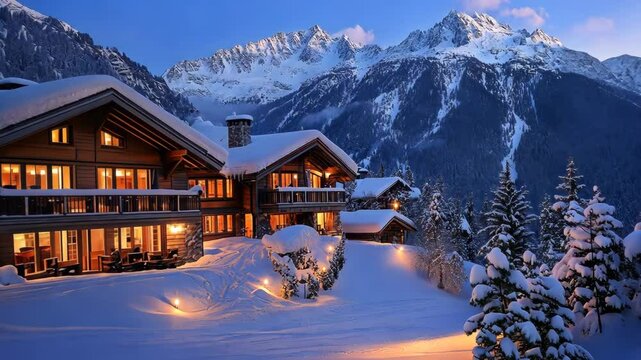 Luxurious mountain chalet illuminated at dusk, surrounded by snow-covered peaks and pine trees