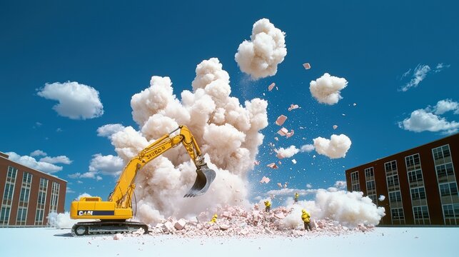A demolition crew imploding a dilapidated building, with clouds of dust and debris billowing outwards as the structure collapses upon itself, signifying destruction, urban renewal, and the power of