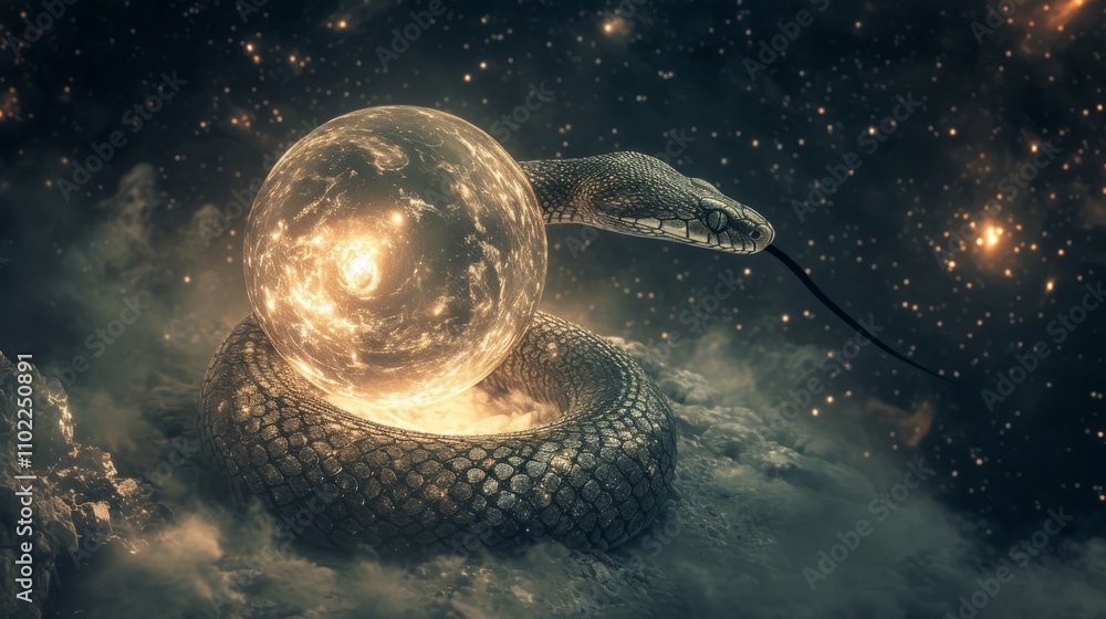 Poster a mesmerizing digital artwork of a snake coiled around a glowing orb amidst a cosmic backdrop. the c