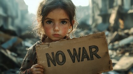 young girl holds a sign reading "NO WAR" amidst a devastated landscape.