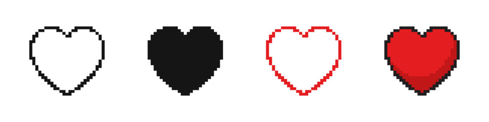 Fototapeta premium Pixel heart icons. Heart pixel style vector set. Hearts in a pixelated style