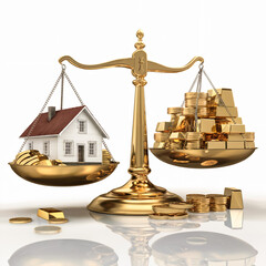 Scales, a private house on one side of the scale, a pile of gold on the other. Illustration on a white background. A conceptual image of the real estate price.