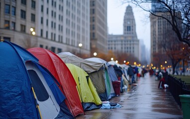 homeless tents line in bustling american city, highlighting homelessness, economic hardship, and social inequality in US and world
