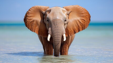  an elephant standing in the water with its trunk up, its tusks visible, and a blurred background