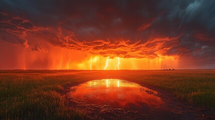 A dramatic storm scene with vibrant lightning illuminating dark clouds and reflecting in a puddle.