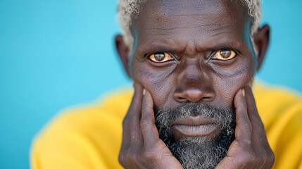  an African man wearing a yellow t-shirt with his hands on his face, looking directly at the camera with a serious expression The background is a bright blue color