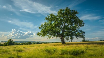 Fototapeta premium Lonely tree in the field on a background of blue sky