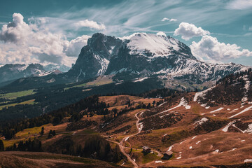 Panoramic view of the Langkofel Group from Seiser Alm in the Dolomites in South Tyrol, Italy.