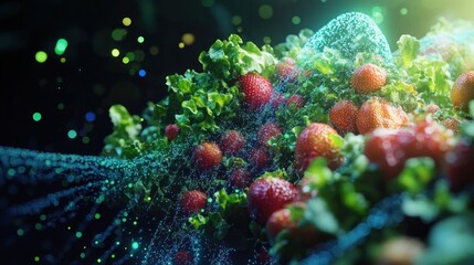 Fototapeta premium Fresh strawberries and green leaves with water drops and bokeh background.