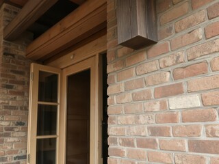 Fototapeta premium A close-up shot of a textured storefront with weathered brick walls and rustic wooden beams, old, textured