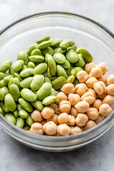 A visually appealing mix of edamame and chickpeas in a glass bowl, offering a nutritious and high-protein snack.
