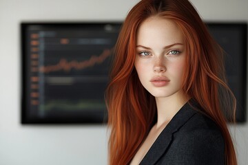 Dynamic young professional exuding confidence in a corporate boardroom with advanced analytical displays and a vibrant city view