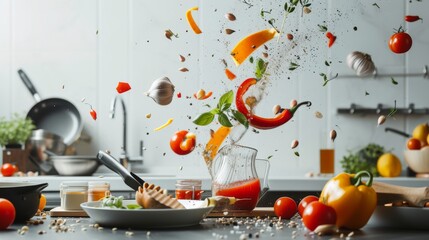 A vibrant kitchen scene showcasing vegetables, spices, and herbs dramatically floating mid-air, creating an explosion of color and movement. The mix of peppers, tomatoes, and garlic suggests lively