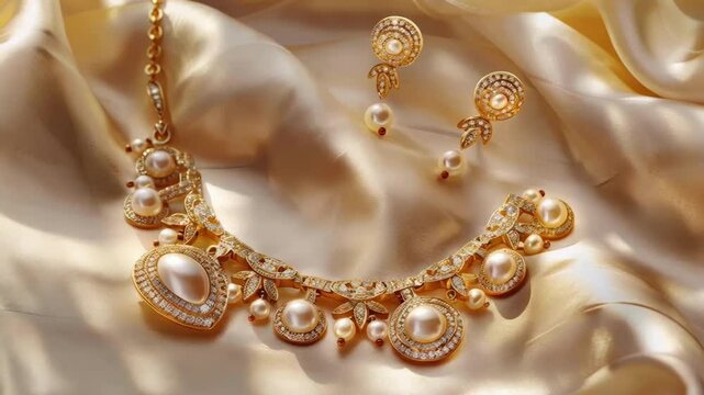A gold necklace and earrings are displayed on a gold background. The necklace is made of pearls and has a gold chain. The overall look is elegant and luxurious