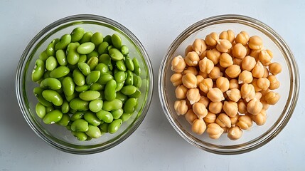 A visually appealing mix of edamame and chickpeas in a glass bowl, offering a nutritious and high-protein snack.
