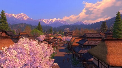 Scenic Mountain Village with Cherry Blossoms and Alpine Landscape