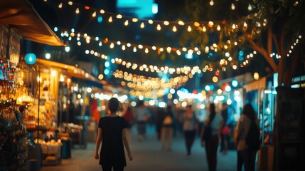 Fototapeta premium Vibrant evening market with decorative lights, people in the background, warm lighting, street atmosphere, minimalist style
