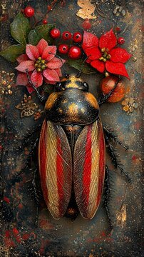  a painting of a cockroach with poinsettias and berries on a black background The cockroach is painted in a realistic style, with its wings spread out and its anten