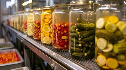 A row of jars filled with various pickled vegetables and fruits on a production line.
