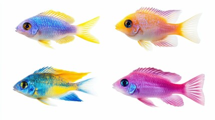 Fototapeta premium collection of tropical fish in various colors, isolated on white background, vibrant and detailed, marine life symbol,