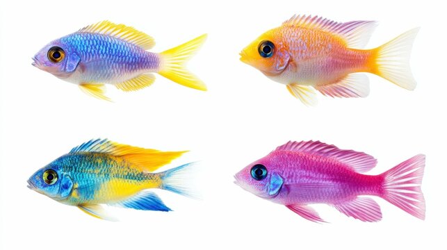 collection of tropical fish in various colors, isolated on white background, vibrant and detailed, marine life symbol,