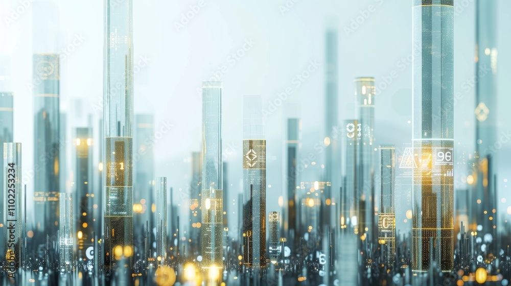 Poster a digitally rendered futuristic cityscape featuring sleek high-rise towers with glowing symbols and 