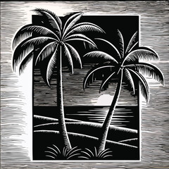 a black and white illustration of two palm trees on a beach.