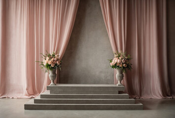 concrete podium set against soft blush pink silk curtains