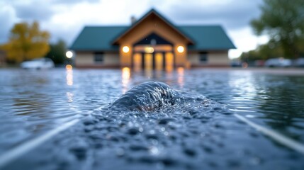 Floodwaters engulfing homes and businesses, displacing residents and causing widespread damage, highlighting the increasing frequency and severity of floods due to climate change.