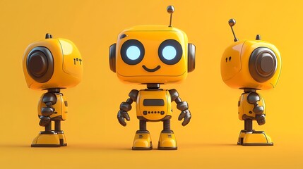 Naklejka premium Adorable Yellow Robot in Three-Quarter View: A 3D Render