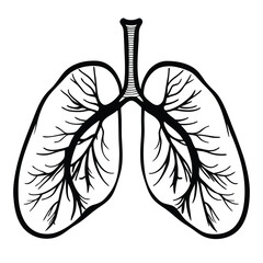 a black and white line drawing of a pair of lungs. The lungs are shown in a symmetrical pattern,