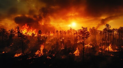 Obraz premium A dramatic sunset over a forest fire, showcasing flames and smoke among trees.