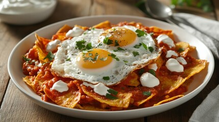 A plate of chilaquiles topped with fried eggs, crema, and cheese, vibrant sauce, clean and simple kitchen setup,