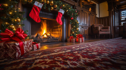 Traditional wood fireplace with bright burning fire, decorated with holly, golden bells and big red ribbons, thick carpet in front of the fireplace with some gift packages, AI generated images