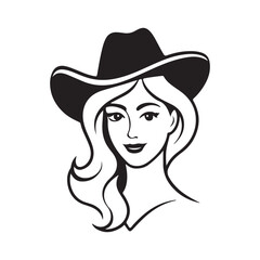 beautiful Woman with a cowboy hat silhouette vector art black color design and solid white background 