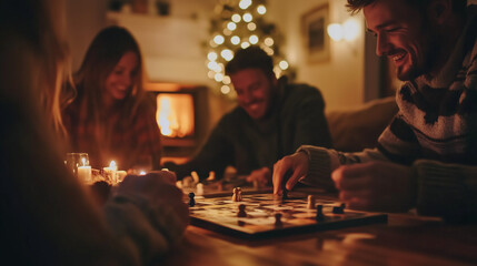 Cozy Group Game Night with Friends by the Fireplace During the Holiday Season - Intimate indoor moment featuring friends laughing and playing a board game