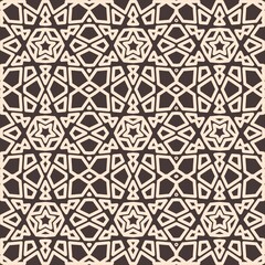 Repeating geometric pattern with intricate design consisting of hexagons and stars, using light beige and dark brown colors to create striking contrast. Perfect for decorative arts, architecture, etc.