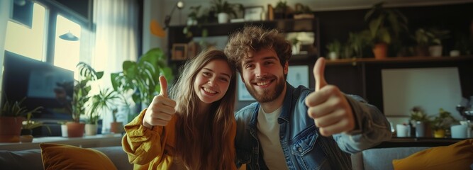 Happy young couple happy and showing thumbs up. Love. Rent or buy house, apartment.