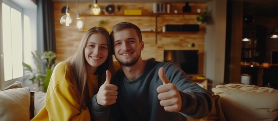 Happy young couple happy and showing thumbs up. Love. Rent or buy house, apartment.