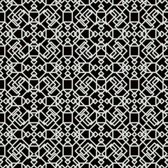 Intricate geometric pattern with interlocking shapes, featuring white lines on a black background. Perfect for decorative arts, textiles, and architectural designs.