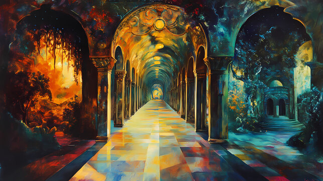 Surrealistic painting endless enfilade. Phantasmagoric. Illustration