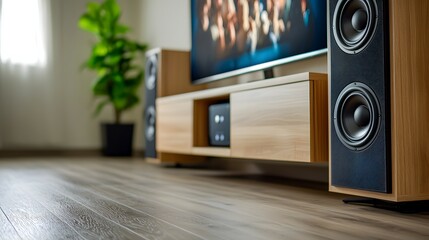 Cozy Home Theater Speaker Setup - Enjoy High-Definition Sound Quality with Wall-Mounted Speakers and a Big Screen TV for an Immersive Cinematic Experience