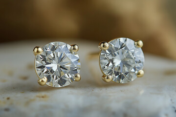 Two diamond earrings with gold posts. The earrings are set in a gold setting and are very shiny