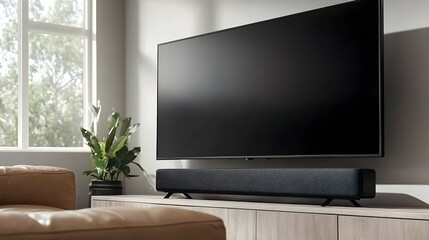 Fototapeta premium Cozy Living Room with Premium Soundbar System - Immersive Surround Sound Experience Beneath Wall-Mounted TV for Movies and Music Enthusiasts