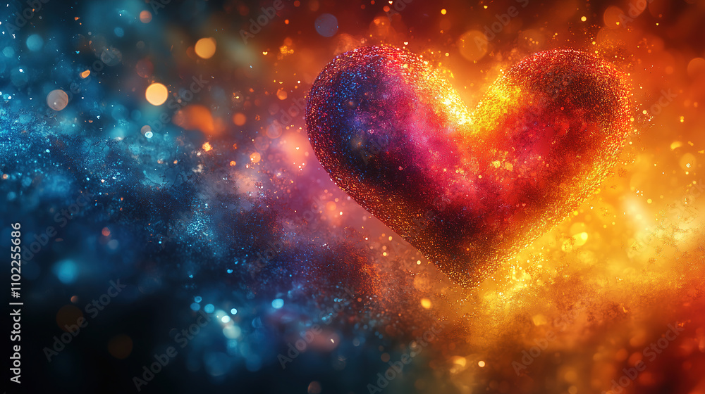 Poster colorful heart shape glowing in a cosmic background with vibrant colors and sparkling particles duri
