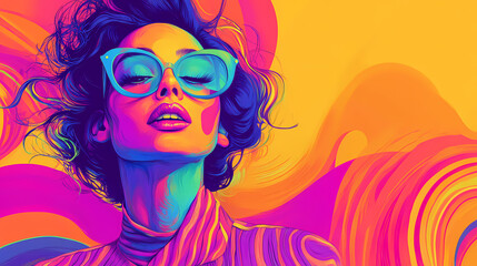 Vibrant portrait of a woman with a surreal garment, bold colors, and a beautiful face, reminiscent of a whimsical cartoon character. Phantasmagoric. Illustration
