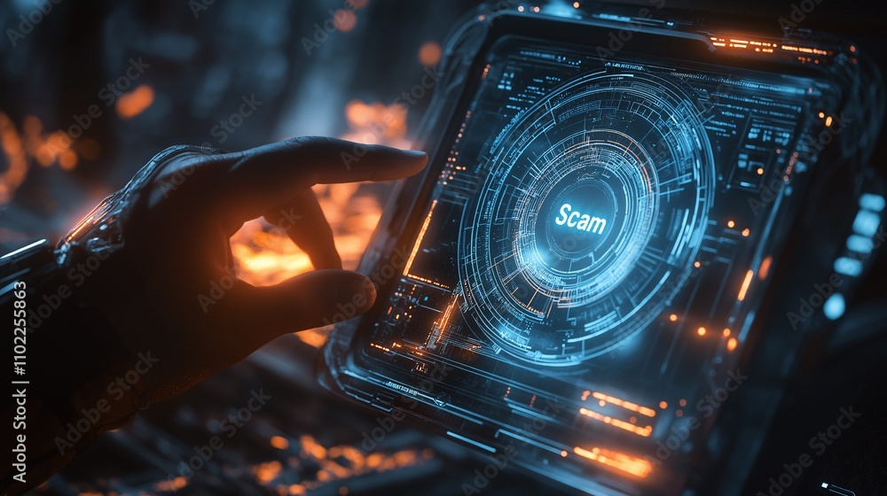 Aufkleber cyberpunk interface: a close-up shot of a futuristic interface, showcasing a digital display with gl