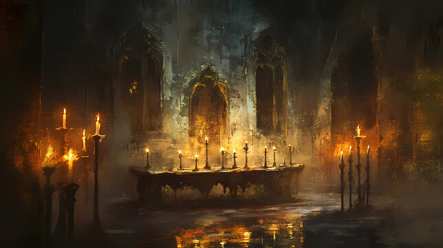 Whispering shadows cryptic ciphertexts eerie candlelit ambiance. Phantasmagoric. Illustration