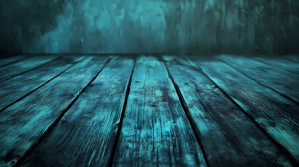 Fototapeta premium Wood background with dark teal and aquamarine wooden floors, featuring surrealistic elements. Phantasmagoric. Illustration
