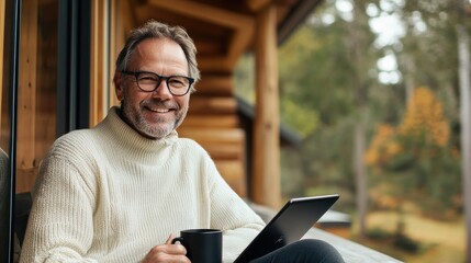 Portrait of a smiling mature man in a cozy sweater enjoying coffee and working on his laptop in a rustic outdoor setting.